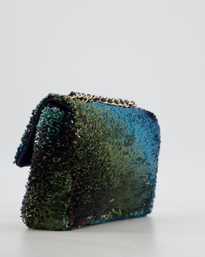 Chanel Shaded Blue Green Sequins Single Mini Flap Bag and Navy Calfskin Interior with Gold Hardware