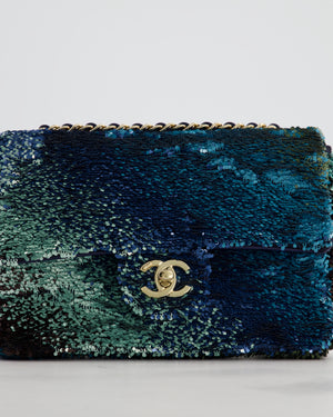 Chanel Shaded Blue Green Sequins Single Mini Flap Bag and Navy Calfskin Interior with Gold Hardware