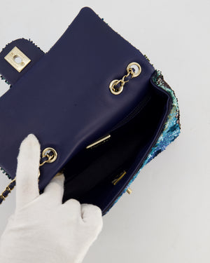 Chanel Shaded Blue Green Sequins Single Mini Flap Bag and Navy Calfskin Interior with Gold Hardware