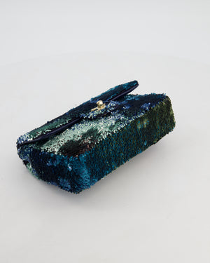 Chanel Shaded Blue Green Sequins Single Mini Flap Bag and Navy Calfskin Interior with Gold Hardware
