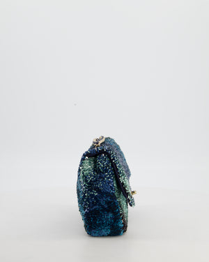 Chanel Shaded Blue Green Sequins Single Mini Flap Bag and Navy Calfskin Interior with Gold Hardware