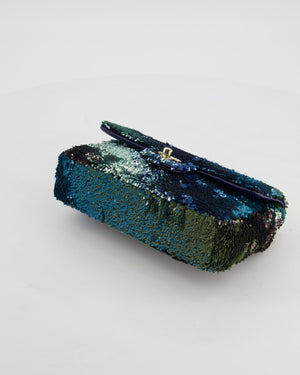 Chanel Shaded Blue Green Sequins Single Mini Flap Bag and Navy Calfskin Interior with Gold Hardware