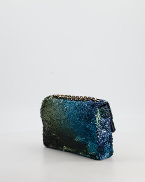 Chanel Shaded Blue Green Sequins Single Mini Flap Bag and Navy Calfskin Interior with Gold Hardware