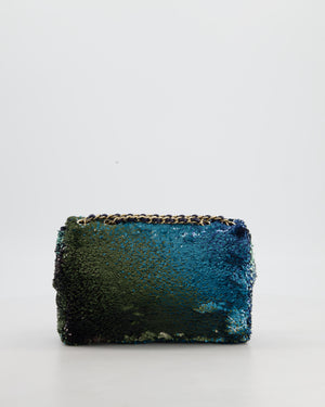 Chanel Shaded Blue Green Sequins Single Mini Flap Bag and Navy Calfskin Interior with Gold Hardware