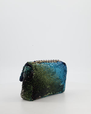Chanel Shaded Blue Green Sequins Single Mini Flap Bag and Navy Calfskin Interior with Gold Hardware