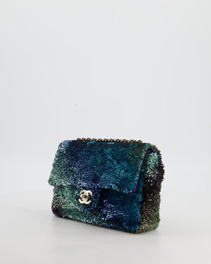 Chanel Shaded Blue Green Sequins Single Mini Flap Bag and Navy Calfskin Interior with Gold Hardware