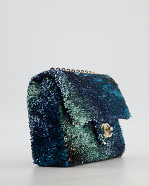 Chanel Shaded Blue Green Sequins Single Mini Flap Bag and Navy Calfskin Interior with Gold Hardware