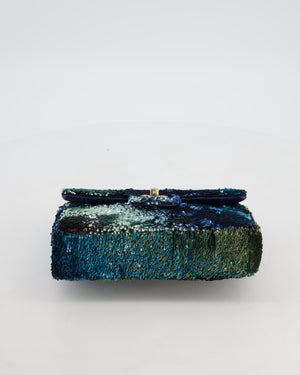 Chanel Shaded Blue Green Sequins Single Mini Flap Bag and Navy Calfskin Interior with Gold Hardware