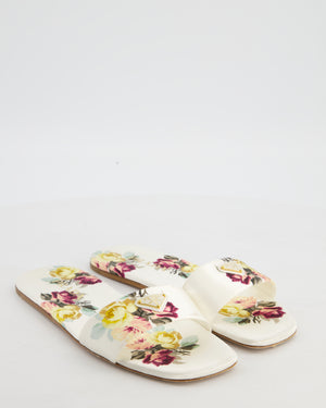 Prada Ivory Floral Satin Sandals with Plaque Logo Detail Size EU 37.5