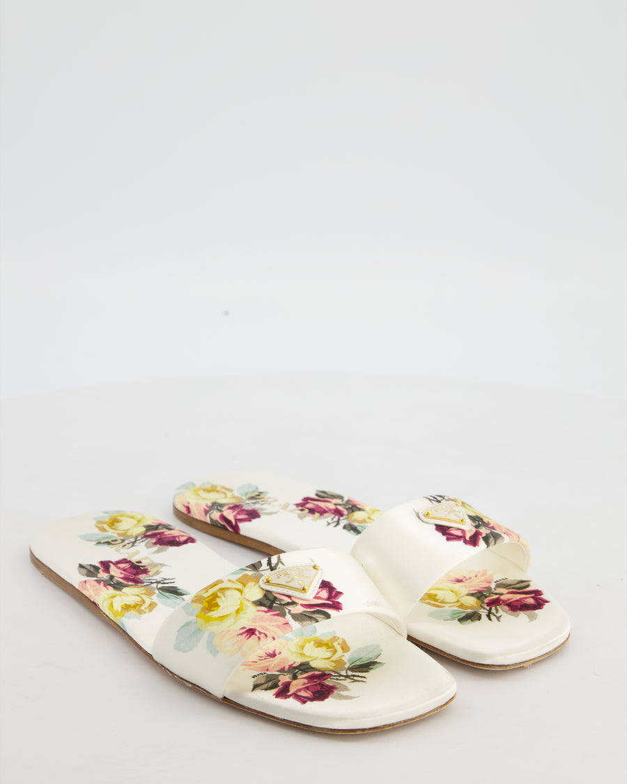 Prada Ivory Floral Satin Sandals with Plaque Logo Detail Size EU 37.5