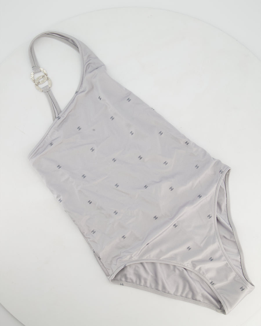 Chanel Silver One-Piece One-Shoulder Swimsuit with Glitter CC Logo Print and Hammered CC Logo Buckle Size FR 36 (UK 8)
