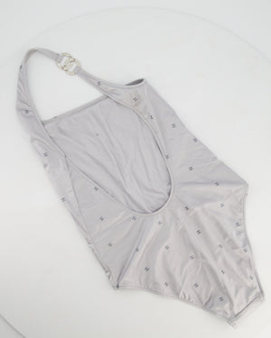 Chanel Silver One-Piece One-Shoulder Swimsuit with Glitter CC Logo Print and Hammered CC Logo Buckle Size FR 36 (UK 8)