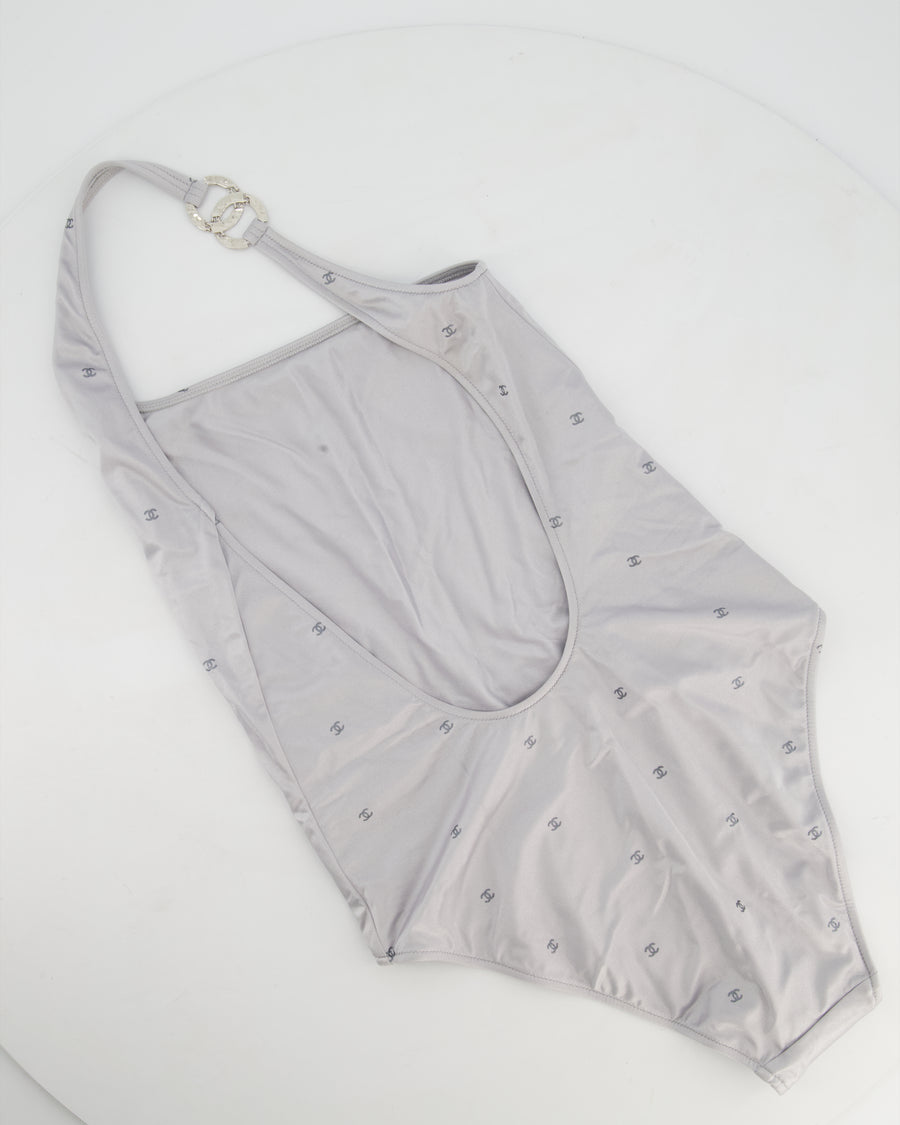 Chanel Silver One-Piece One-Shoulder Swimsuit with Glitter CC Logo Print and Hammered CC Logo Buckle Size FR 36 (UK 8)