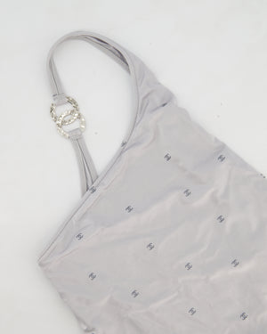 Chanel Silver One-Piece One-Shoulder Swimsuit with Glitter CC Logo Print and Hammered CC Logo Buckle Size FR 36 (UK 8)
