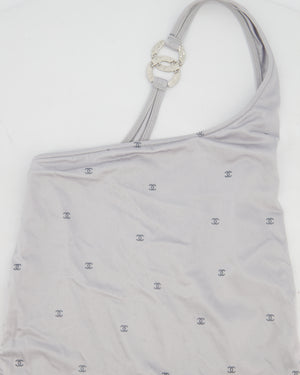Chanel Silver One-Piece One-Shoulder Swimsuit with Glitter CC Logo Print and Hammered CC Logo Buckle Size FR 36 (UK 8)