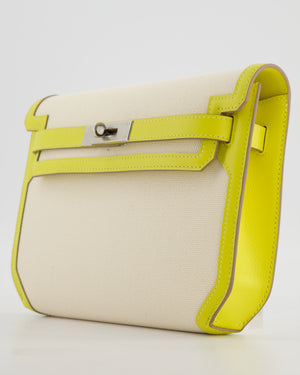 Hermès Kelly Depeches 25 Verso Bag in Ecru Canvas and Jaune Citron Chèvre with Palladium Hardware