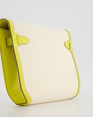 Hermès Kelly Depeches 25 Verso Bag in Ecru Canvas and Jaune Citron Chèvre with Palladium Hardware