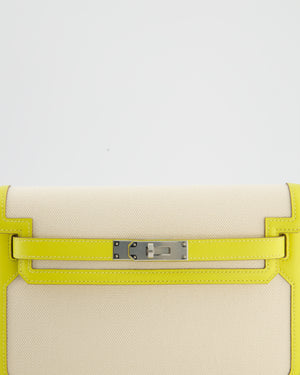 Hermès Kelly Depeches 25 Verso Bag in Ecru Canvas and Jaune Citron Chèvre with Palladium Hardware