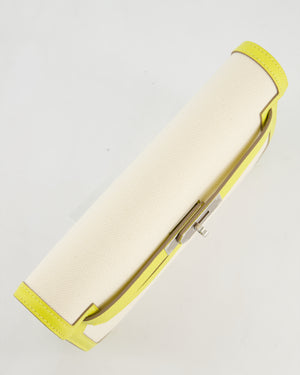 Hermès Kelly Depeches 25 Verso Bag in Ecru Canvas and Jaune Citron Chèvre with Palladium Hardware