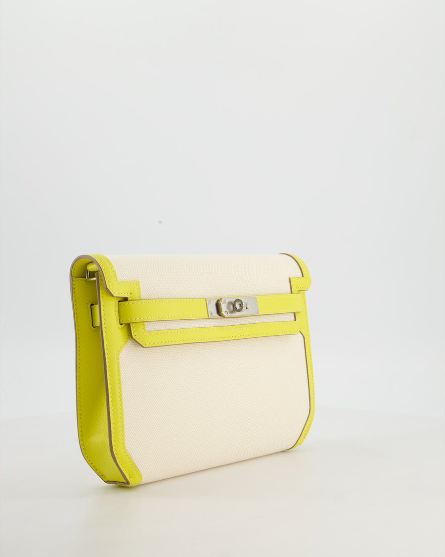 Hermès Kelly Depeches 25 Verso Bag in Ecru Canvas and Jaune Citron Chèvre with Palladium Hardware