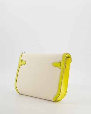 Hermès Kelly Depeches 25 Verso Bag in Ecru Canvas and Jaune Citron Chèvre with Palladium Hardware