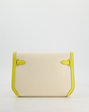 Hermès Kelly Depeches 25 Verso Bag in Ecru Canvas and Jaune Citron Chèvre with Palladium Hardware