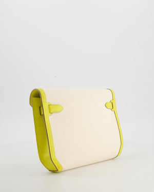 Hermès Kelly Depeches 25 Verso Bag in Ecru Canvas and Jaune Citron Chèvre with Palladium Hardware