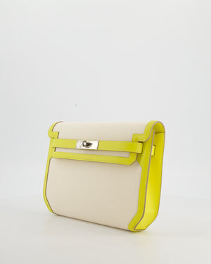 Hermès Kelly Depeches 25 Verso Bag in Ecru Canvas and Jaune Citron Chèvre with Palladium Hardware