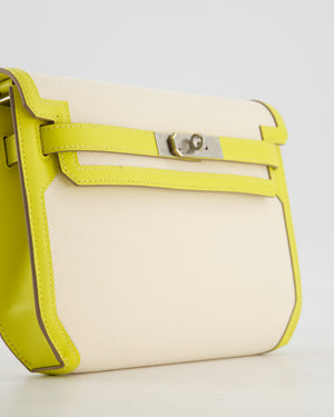 Hermès Kelly Depeches 25 Verso Bag in Ecru Canvas and Jaune Citron Chèvre with Palladium Hardware