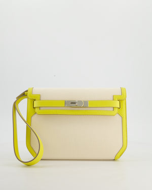 Hermès Kelly Depeches 25 Verso Bag in Ecru Canvas and Jaune Citron Chèvre with Palladium Hardware