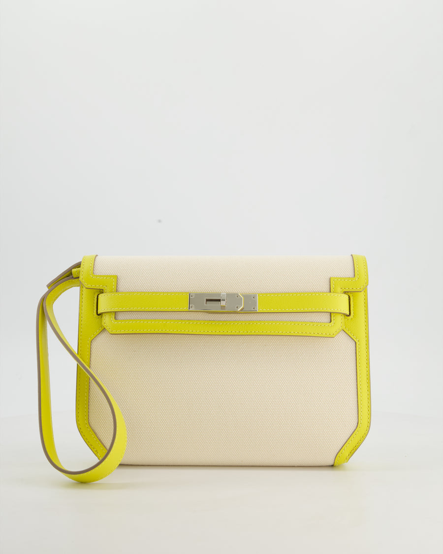 Hermès Kelly Depeches 25 Verso Bag in Ecru Canvas and Jaune Citron Chèvre with Palladium Hardware