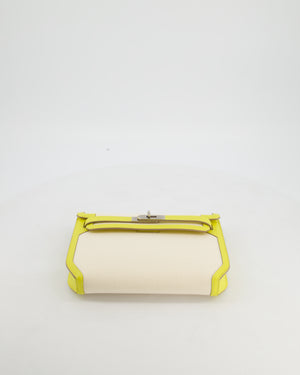 Hermès Kelly Depeches 25 Verso Bag in Ecru Canvas and Jaune Citron Chèvre with Palladium Hardware
