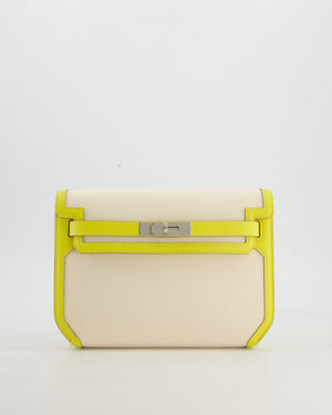 Hermès Kelly Depeches 25 Verso Bag in Ecru Canvas and Jaune Citron Chèvre with Palladium Hardware