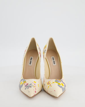 Miu Miu Beige Canvas "MAMA" Floral Paint Splatter Heels Size EU 37