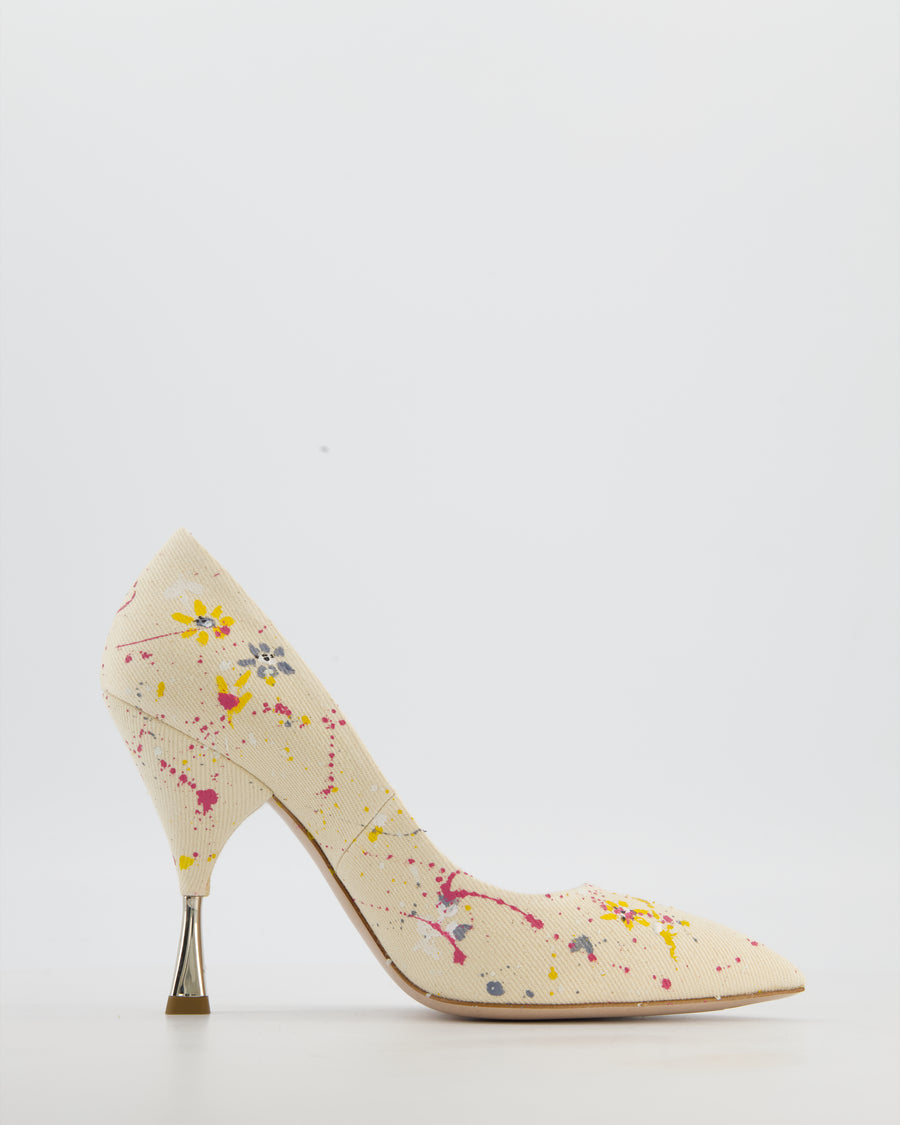 Miu Miu Beige Canvas "MAMA" Floral Paint Splatter Heels Size EU 37