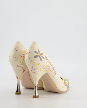 Miu Miu Beige Canvas "MAMA" Floral Paint Splatter Heels Size EU 37