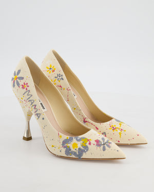 Miu Miu Beige Canvas "MAMA" Floral Paint Splatter Heels Size EU 37