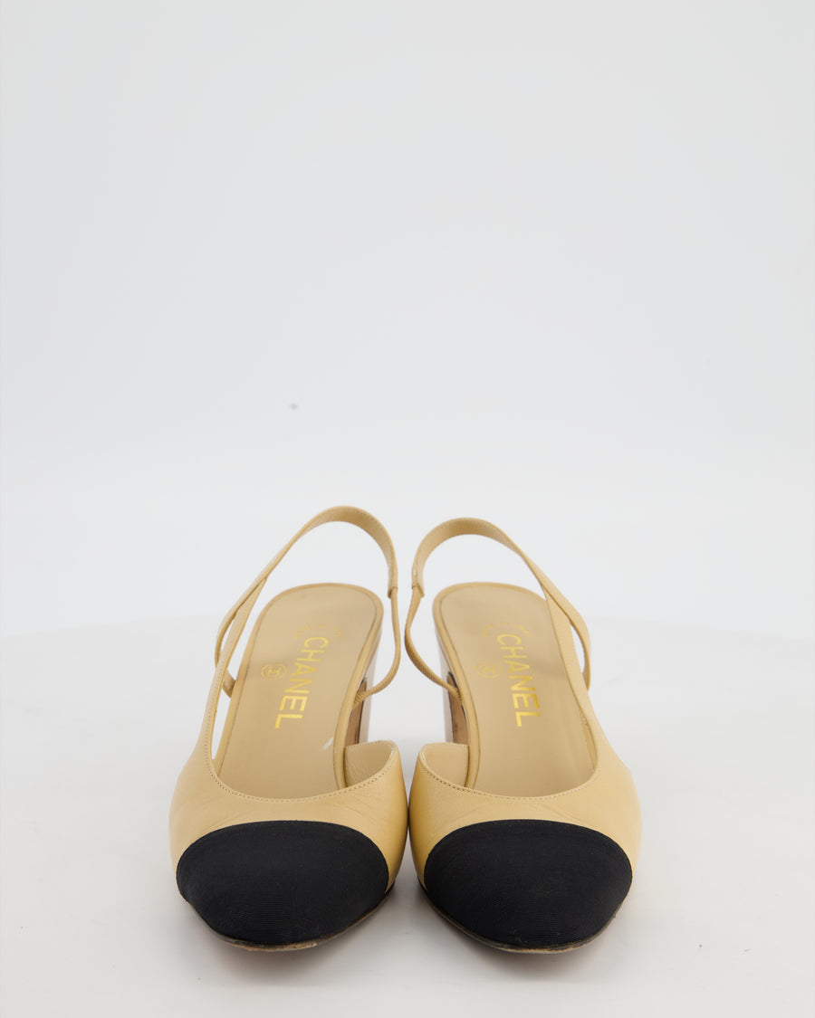 Chanel Classic Beige, Black Leather Sling Back Heels Size EU 37