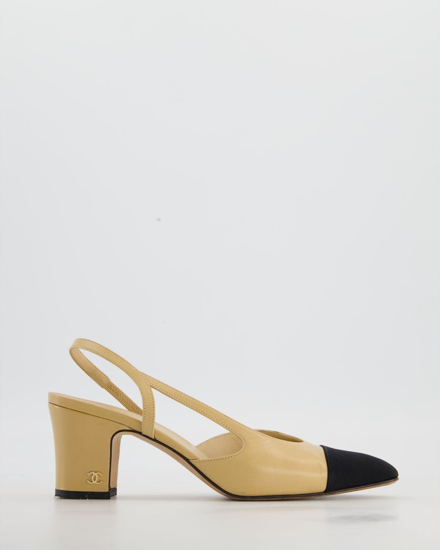 Chanel Classic Beige, Black Leather Sling Back Heels Size EU 37
