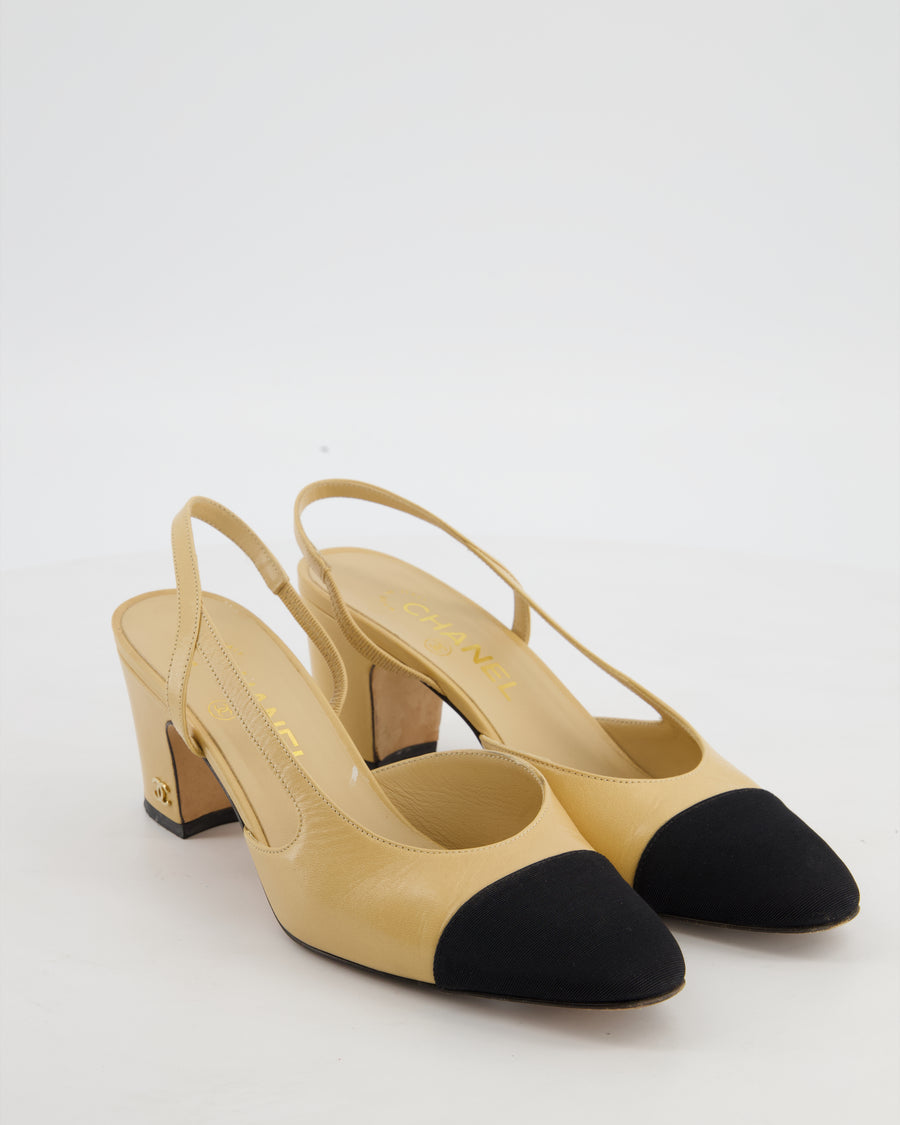 Chanel Classic Beige, Black Leather Sling Back Heels Size EU 37