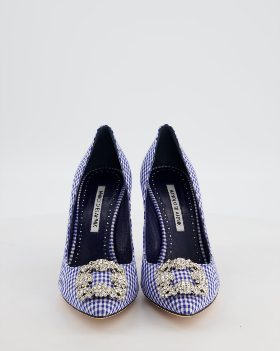 Manolo Blahnik Blue Gingham Hangisi 105 Size EU 37.5