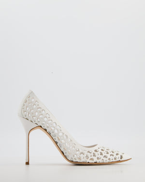 Manolo Blahnik White BB Laserato 105 Laser Cut Heels Size EU 37.5
