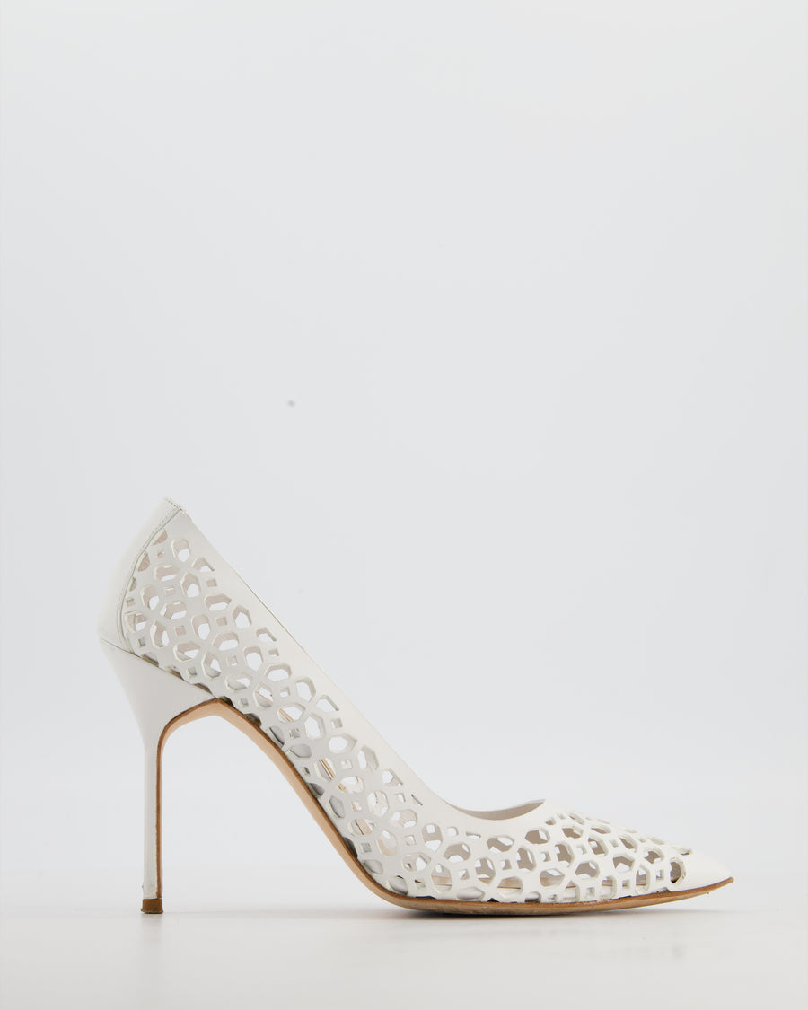 Manolo Blahnik White BB Laserato 105 Laser Cut Heels Size EU 37.5