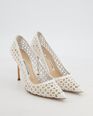 Manolo Blahnik White BB Laserato 105 Laser Cut Heels Size EU 37.5