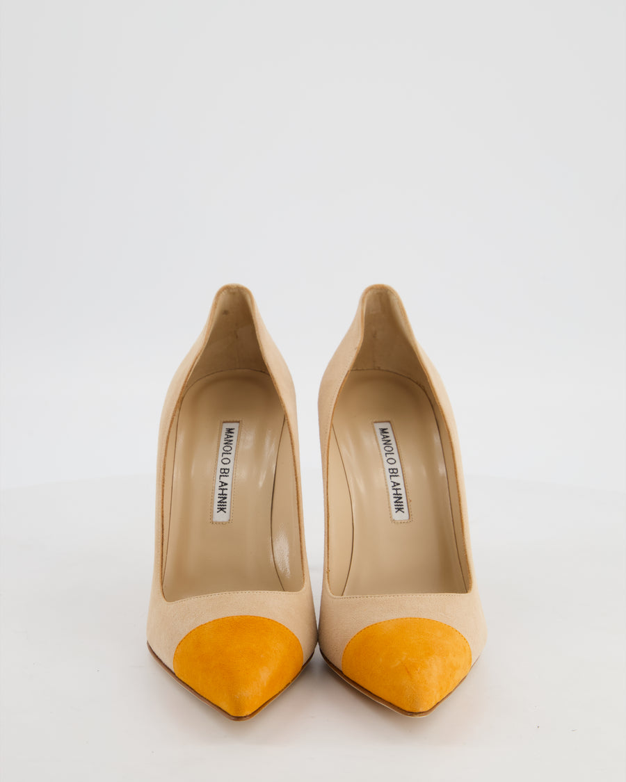 Manolo Blahnik Beige Bipunta 105 Heels with Orange Suede Toe Size EU 37.5