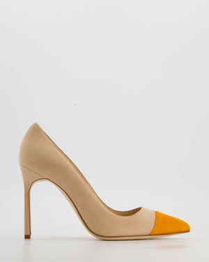 Manolo Blahnik Beige Bipunta 105 Heels with Orange Suede Toe Size EU 37.5