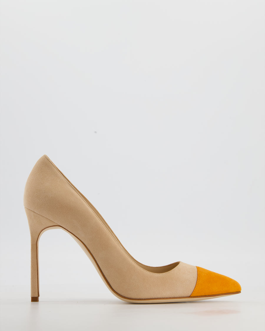 Manolo Blahnik Beige Bipunta 105 Heels with Orange Suede Toe Size EU 37.5