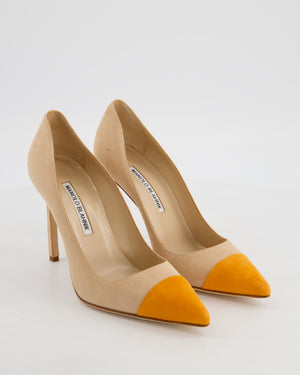 Manolo Blahnik Beige Bipunta 105 Heels with Orange Suede Toe Size EU 37.5