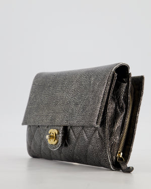 Chanel Black, Cracked Silver Metallic Wallet on Chain Bag in Calfskin Leather with Antique Gold Hardware