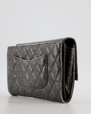 Chanel Black, Cracked Silver Metallic Wallet on Chain Bag in Calfskin Leather with Antique Gold Hardware